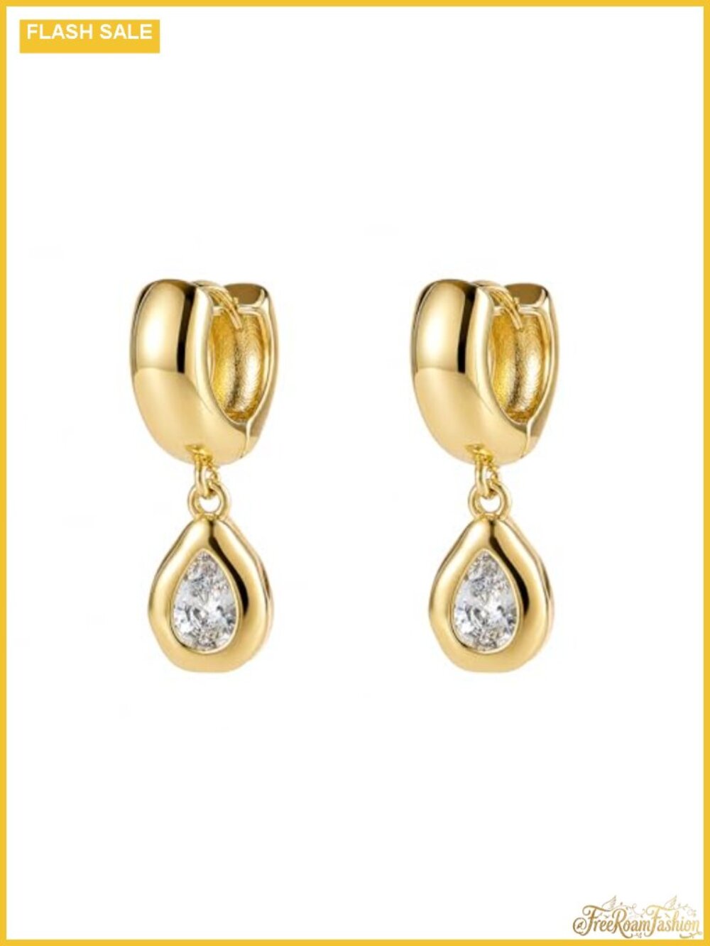 Gold Plated Brass Chunky Huggie Hoop Bezel Cubic Zirconia Dangle Earrings